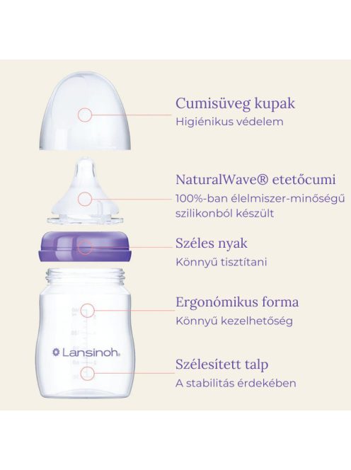 Lansinoh Cumisüveg közepes folyású etetőcumival + fedéllel, 240 ml