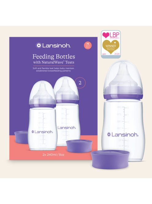 Lansinoh 2 db cumisüveg közepes folyású etetőcumival + 2 db fedéllel, 240 ml