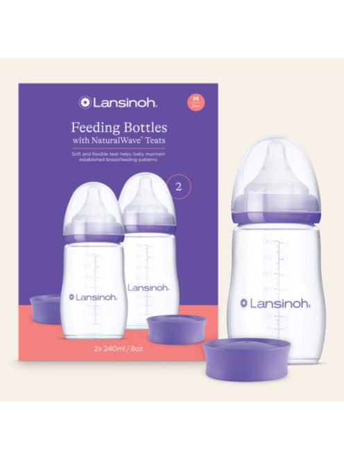Lansinoh 2 db cumisüveg közepes folyású etetőcumival + 2 db fedéllel, 240 ml