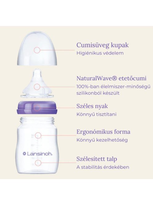 Lansinoh 2 db cumisüveg közepes folyású etetőcumival + 2 db fedéllel, 240 ml