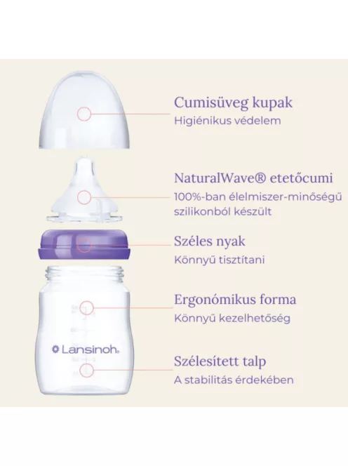 Lansinoh 2 db cumisüveg lassú folyású etetőcumival + 2 db fedéllel, 160 ml