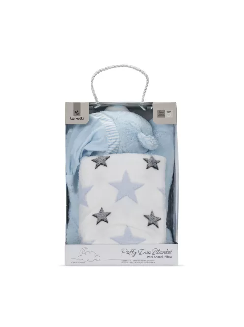 Lorelli Poffy Duo takaró 75x90 cm párnával 45x30 cm - White Blue Teddy Bear