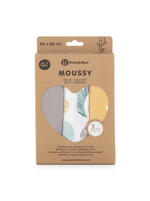 Petite&Mars Bambusz muszlin 3db-os pelenka szett, Moussy Ochre Leaves, 68 x 68 cm