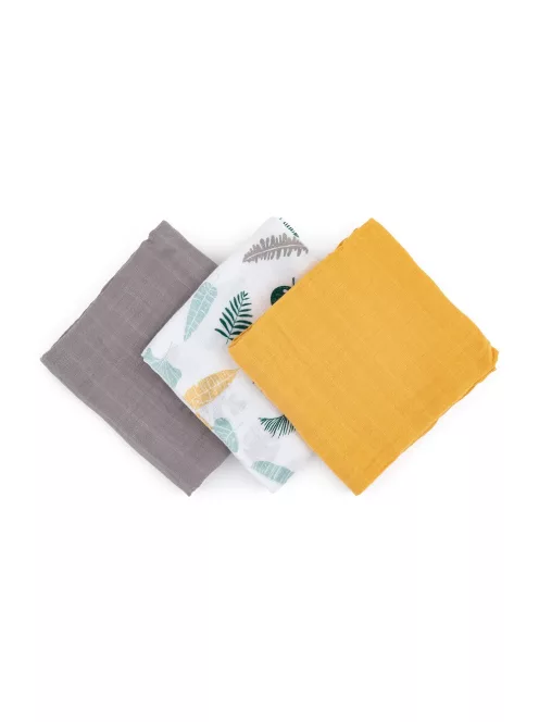 Petite&Mars Bambusz muszlin 3db-os pelenka szett, Moussy Ochre Leaves, 68 x 68 cm