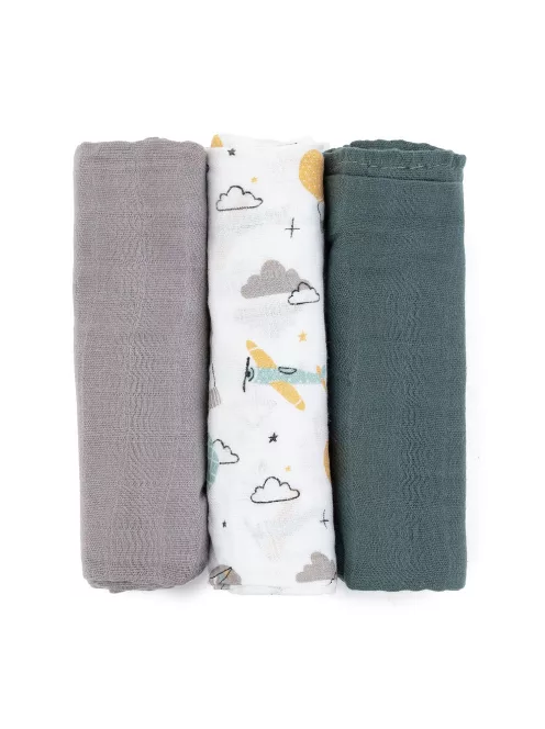 Petite&Mars Bambusz muszlin 3db-os pelenka szett Moussy Grey Planes, 68 x 68 cm