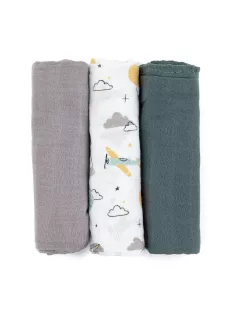   Petite&Mars Bambusz muszlin 3db-os pelenka szett Moussy Grey Planes, 68 x 68 cm