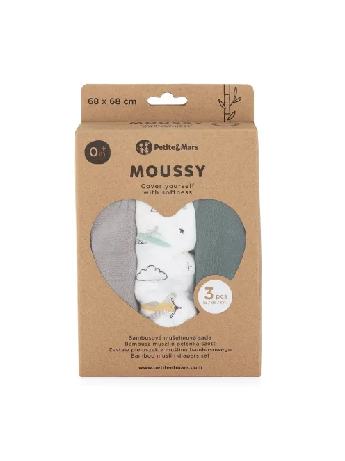 Petite&Mars Bambusz muszlin 3db-os pelenka szett Moussy Grey Planes, 68 x 68 cm