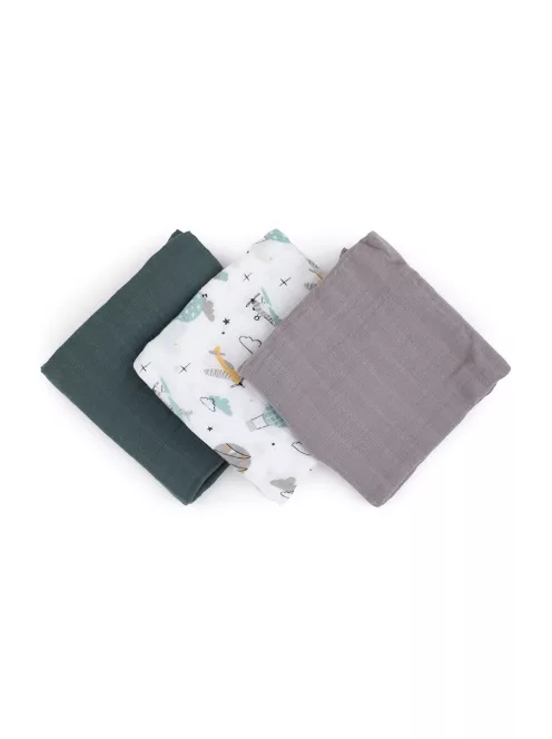 Petite&Mars Bambusz muszlin 3db-os pelenka szett Moussy Grey Planes, 68 x 68 cm