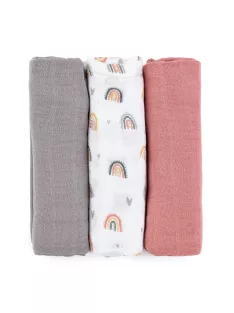   Petite&Mars Bambusz muszlin 3db-os pelenka szett, Moussy Rose Rainbows, 68 x 68 cm