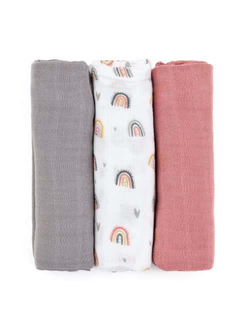Petite&Mars Bambusz muszlin 3db-os pelenka szett, Moussy Rose Rainbows, 68 x 68 cm