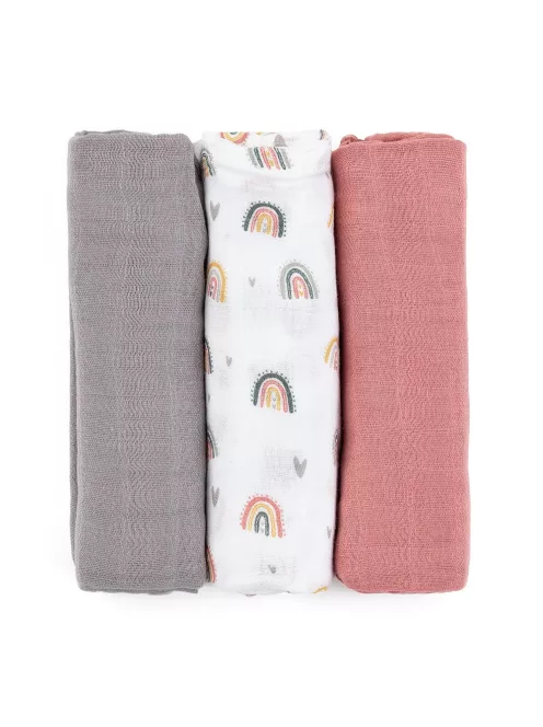 Petite&Mars Bambusz muszlin 3db-os pelenka szett, Moussy Rose Rainbows, 68 x 68 cm