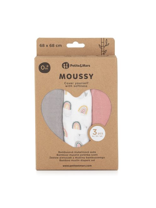 Petite&Mars Bambusz muszlin 3db-os pelenka szett, Moussy Rose Rainbows, 68 x 68 cm