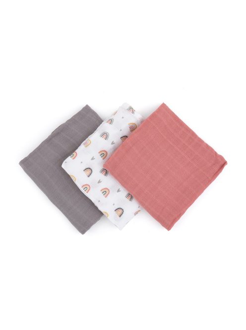 Petite&Mars Bambusz muszlin 3db-os pelenka szett, Moussy Rose Rainbows, 68 x 68 cm