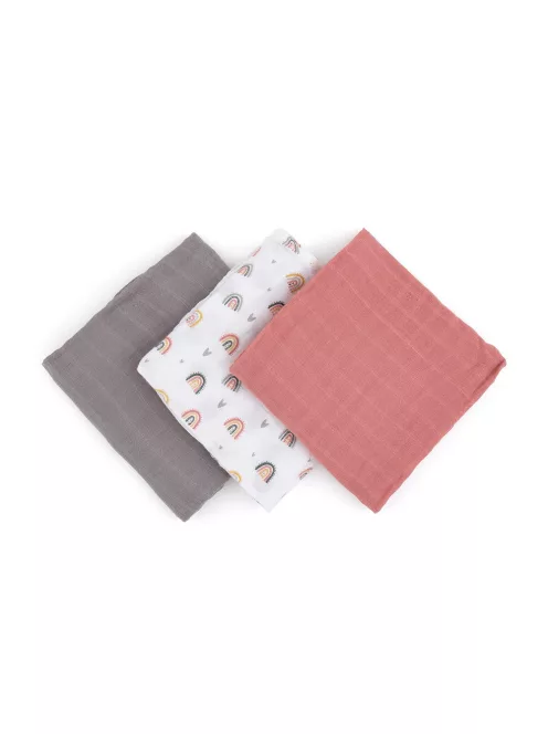 Petite&Mars Bambusz muszlin 3db-os pelenka szett, Moussy Rose Rainbows, 68 x 68 cm