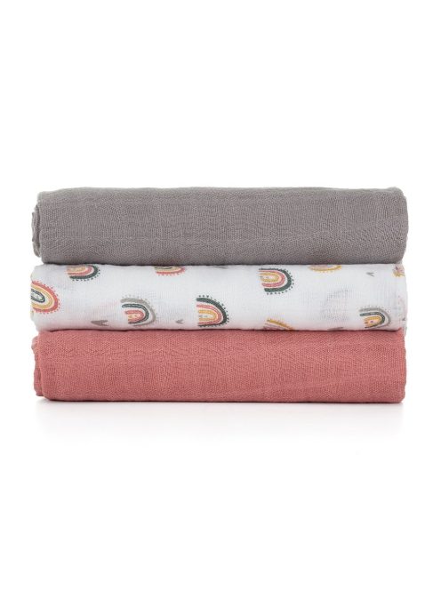 Petite&Mars Bambusz muszlin 3db-os pelenka szett, Moussy Rose Rainbows, 68 x 68 cm