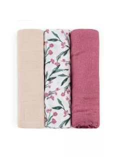   Petite&Mars Bambusz muszlin 3db-os pelenka szett Moussy Pink Meadow 68 x 68 cm