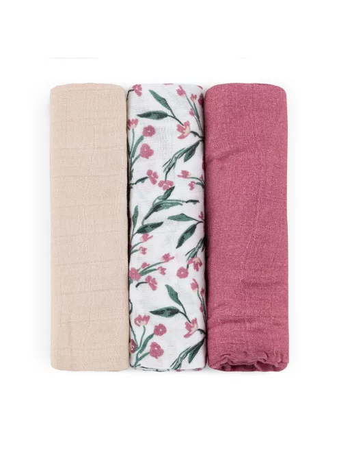 Petite&Mars Bambusz muszlin 3db-os pelenka szett Moussy Pink Meadow 68 x 68 cm