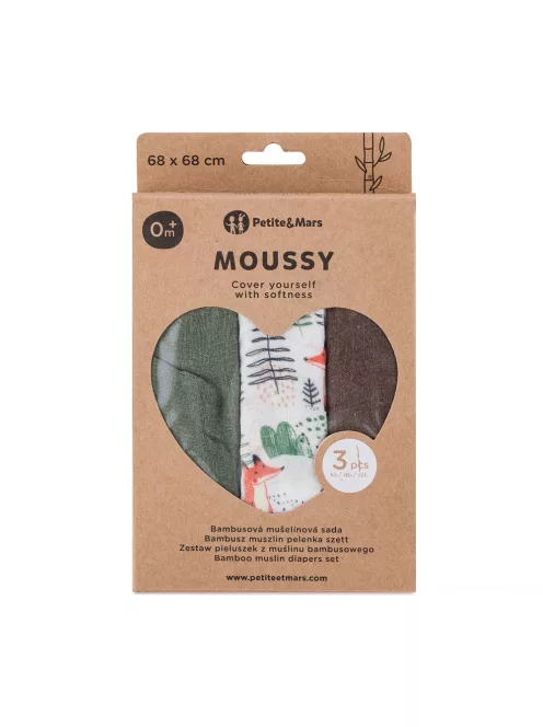 Petite&Mars Bambusz muszlin 3db-os pelenka szett Moussy Forest Fox 68 x 68 cm