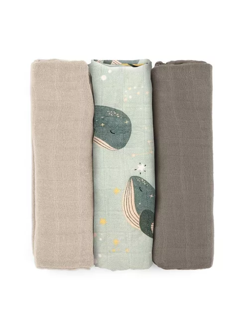 Petite&Mars Bambusz muszlin 3db-os pelenka szett Moussy Whale Song 68 x 68 cm