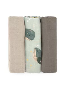   Petite&Mars Bambusz muszlin 3db-os pelenka szett Moussy Whale Song 68 x 68 cm