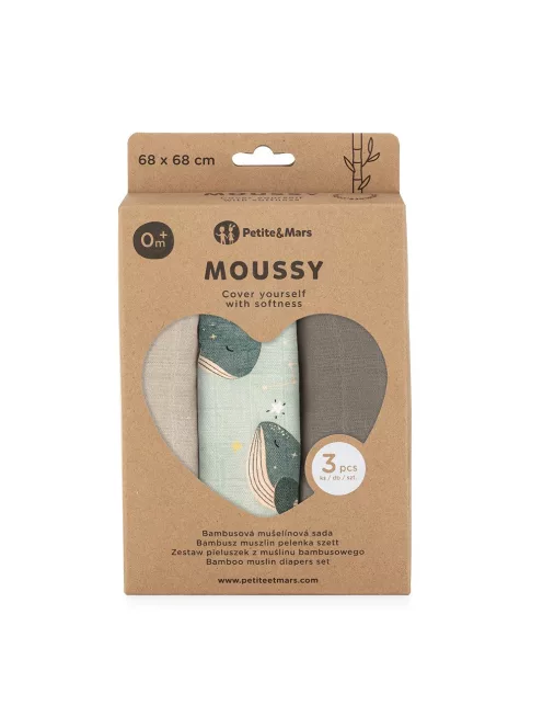 Petite&Mars Bambusz muszlin 3db-os pelenka szett Moussy Whale Song 68 x 68 cm