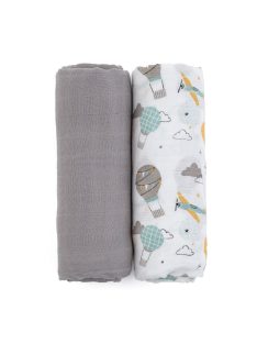   Petite&Mars Bambusz muszlin 2db-os pelenka szett, Misty Grey Planes, 120 x 120 cm