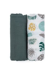  Petite&Mars Bambusz muszlin 2db-os pelenka szett, Misty Green Leaves, 120 x 120 cm