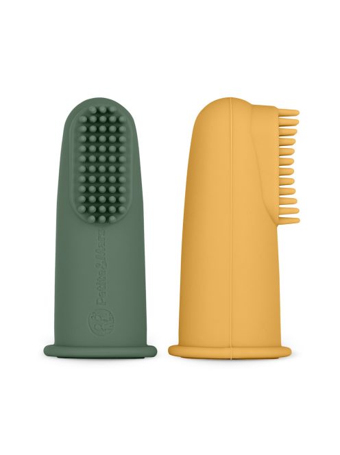 Petite&Mars Szilikon ujjra húzható 2 db fogkefe szett, Ochre&Green, 0 hó+