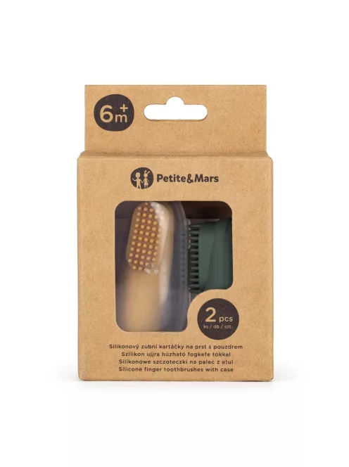 Petite&Mars Szilikon ujjra húzható 2 db fogkefe szett, Ochre&Green, 0 hó+