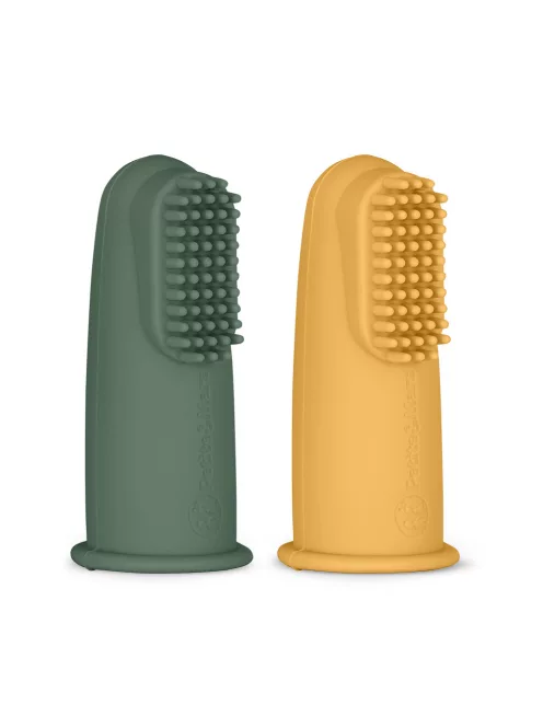 Petite&Mars Szilikon ujjra húzható 2 db fogkefe szett, Ochre&Green, 0 hó+