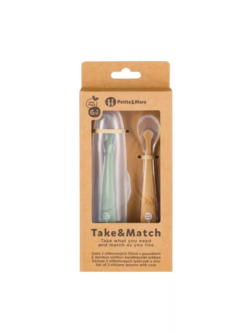 PETITE&MARS Szilikon kanálkák tokkal 2 db-os készlet Take&Match Pea - Ochre 6m+