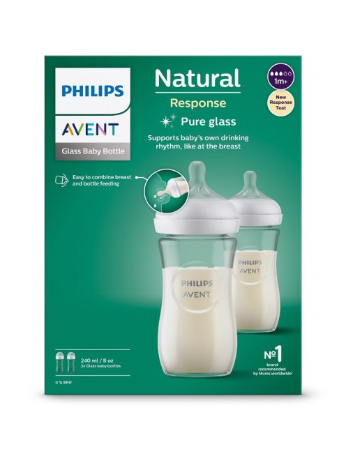 Avent SCY933/02 Natural Response üvegből készült cumisüveg, 240 ml, 1 hó+ 2 db