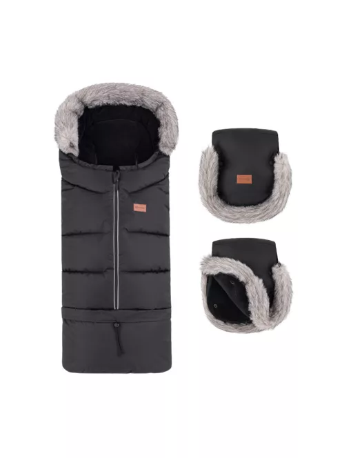 PETITE&MARS Téli szett Arctic 4in1 bundazsák + kézmelegítő kesztyű babakocsira Furry - Forever Black