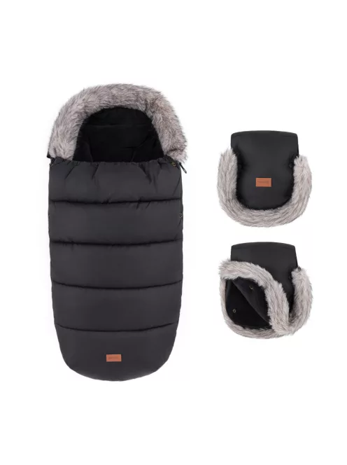 PETITE&MARS Téli szett Comfy 4in1 bundazsák + kézmelegítő kesztyű babakocsira Furry - Forever Black