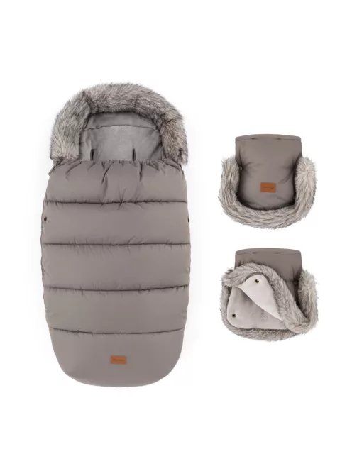 PETITE&MARS Téli szett Comfy 4in1 bundazsák + kézmelegítő kesztyű babakocsira Furry - Mocha Mousse