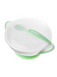 Akuku Tapadókorongos tálka kanállal – Fehér/Zöld