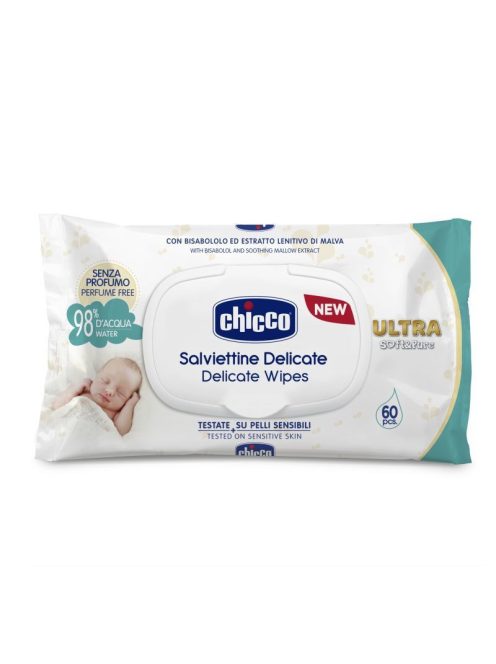 Chicco Ultra Soft & Pure törlőkendő 60 db illatmentes, 98% vízbázisú