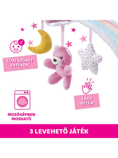 Chicco Rainbow Sky kiságy játékhíd és éjszakai fény elemes rózsaszín