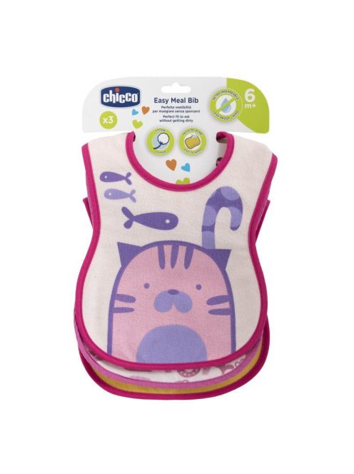 Chicco Easy Meal Bib - frottír előke vízálló hátlappal 3db-os rózsaszín