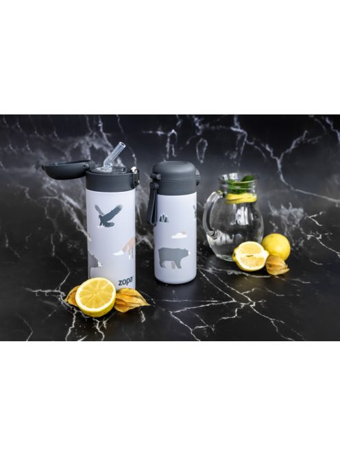 Zopa 350 ml-es termosz szívószállal és szilikon fogantyúval, dínó Dino