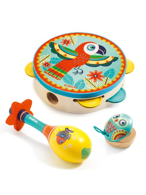 Djeco: Animambo Játékhangszer készlet - Tambourine, maracas, castanet