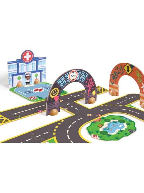 Djeco CRAZY MOTORS Autópálya városi úthálózat épület elemekkel 33 darabos - Puzzl'Up City-Giant