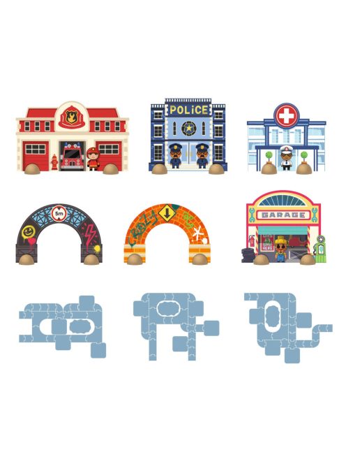 Djeco CRAZY MOTORS Autópálya városi úthálózat épület elemekkel 33 darabos - Puzzl'Up City-Giant