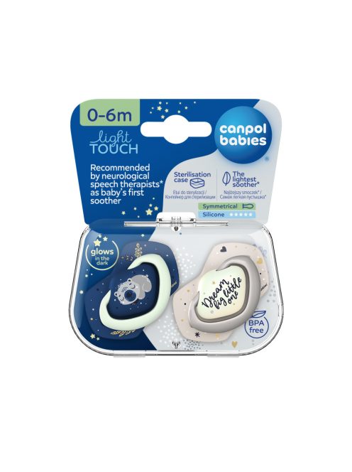 Canpol babies Sötétben világító, szimmetrikus szilikoncumi-készlet, Light touch, 0-6hó, SLEEPY KOALA, 2 db
