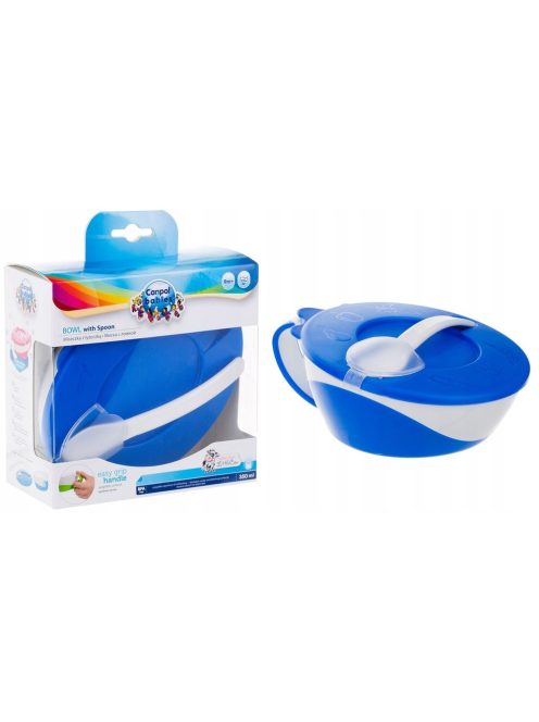 Canpol babies Tál kanállal és fedéllel, 350ml, LITTLE COW - kék