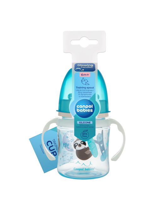 Canpol babies Szilikon ivócsőrős tanulópohár, világító fogantyúval, EXOTIC ANIMALS, 120 ml, kék
