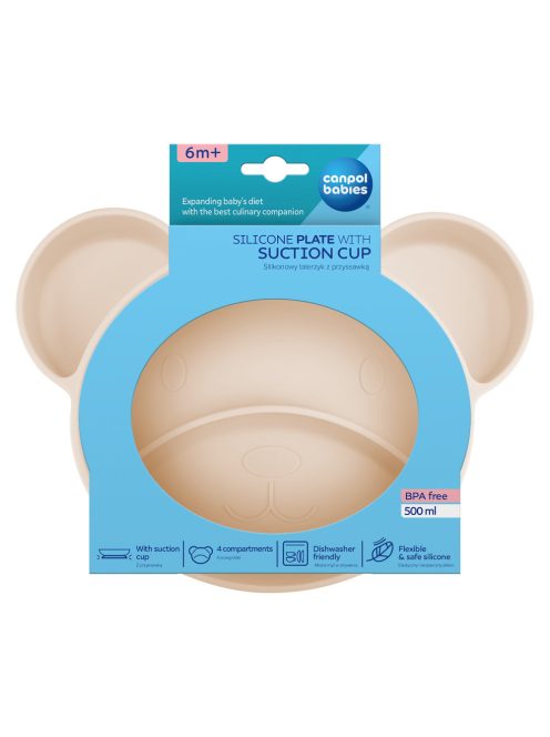 Canpol babies Szilikon osztott tányér, tapadókoronggal, Mackó - krémszín
