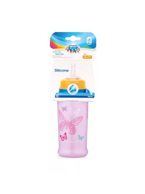 Canpol babies Cseppmentes itatópohár, szilikon szívószállal, 350 ml, BUTTERFLY - rózsaszín