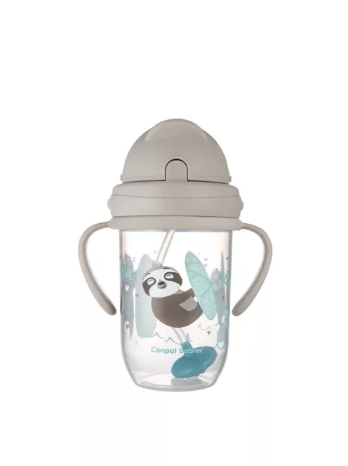 Canpol babies Súlyozott szívószálas cseppmentes itatópohár, 270ml, 6hó+, EXOTIC ANIMALS - szürke