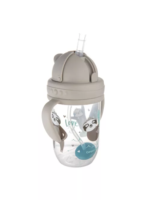 Canpol babies Súlyozott szívószálas cseppmentes itatópohár, 270ml, 6hó+, EXOTIC ANIMALS - szürke